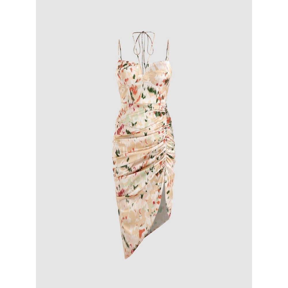 Floral Ruched Satin Slip Dress in Cream and Multi